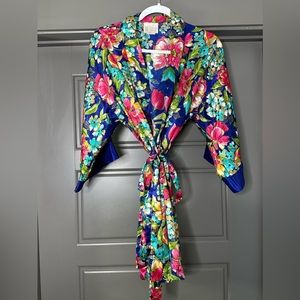 Vintage California Dynasty Blue Colorful Floral Print Robe Women’s Size Medium M